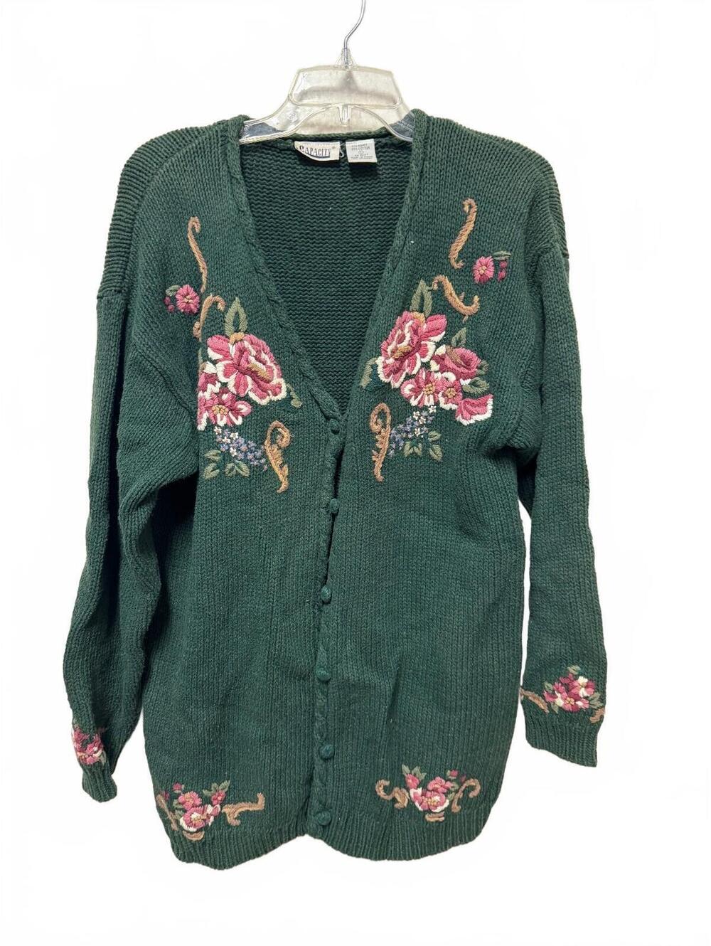Capacity Floral Embroidered Ramie Cotton Cardigan Green L